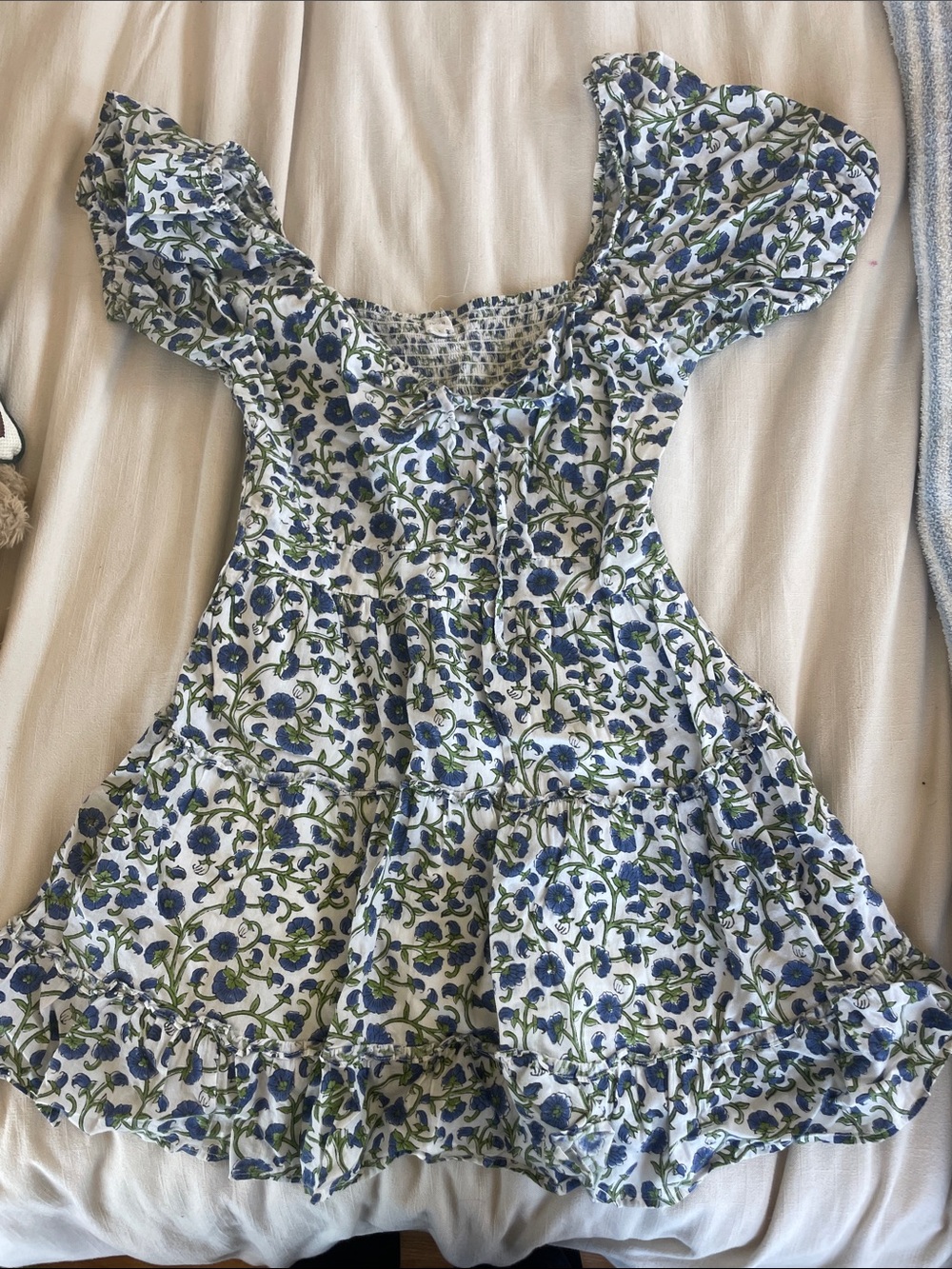 Blue Floral Puff-Sleeve Casual Dress